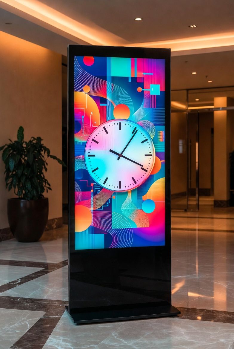 Totem vertical avec horloge art abstrait dans un hall d'accueil