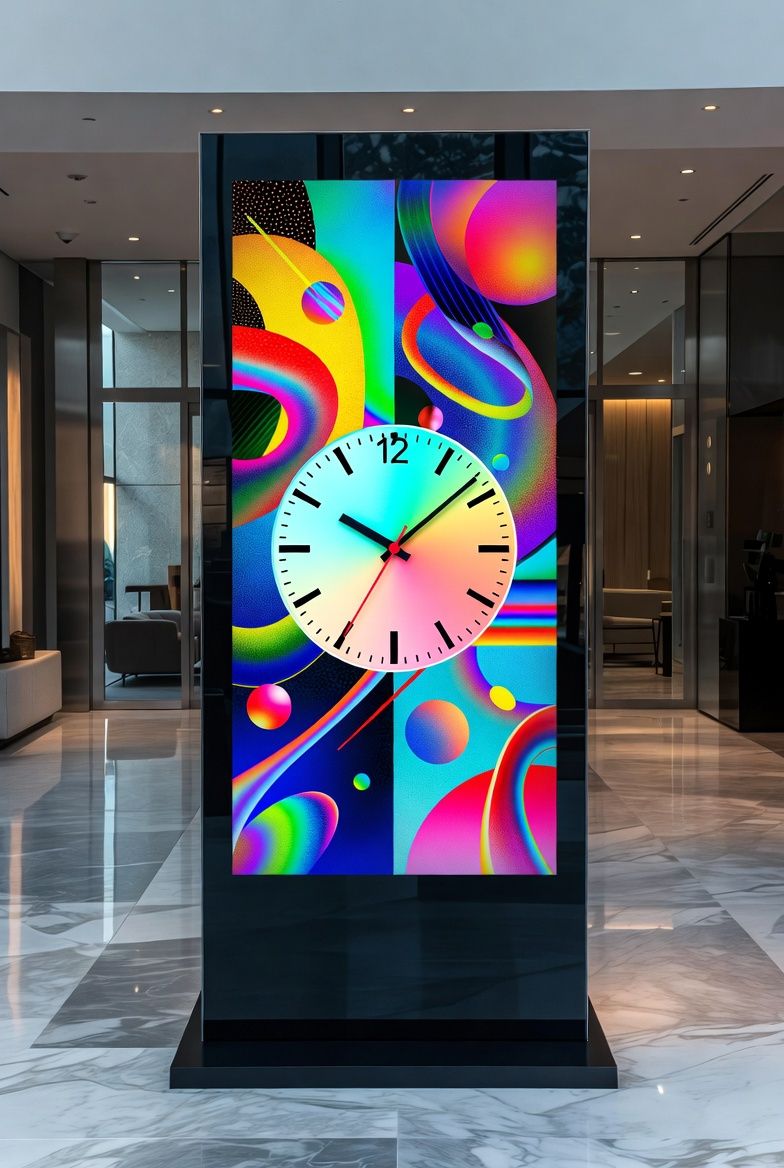 Totem vertical avec horloge rainbow dans un hall moderne