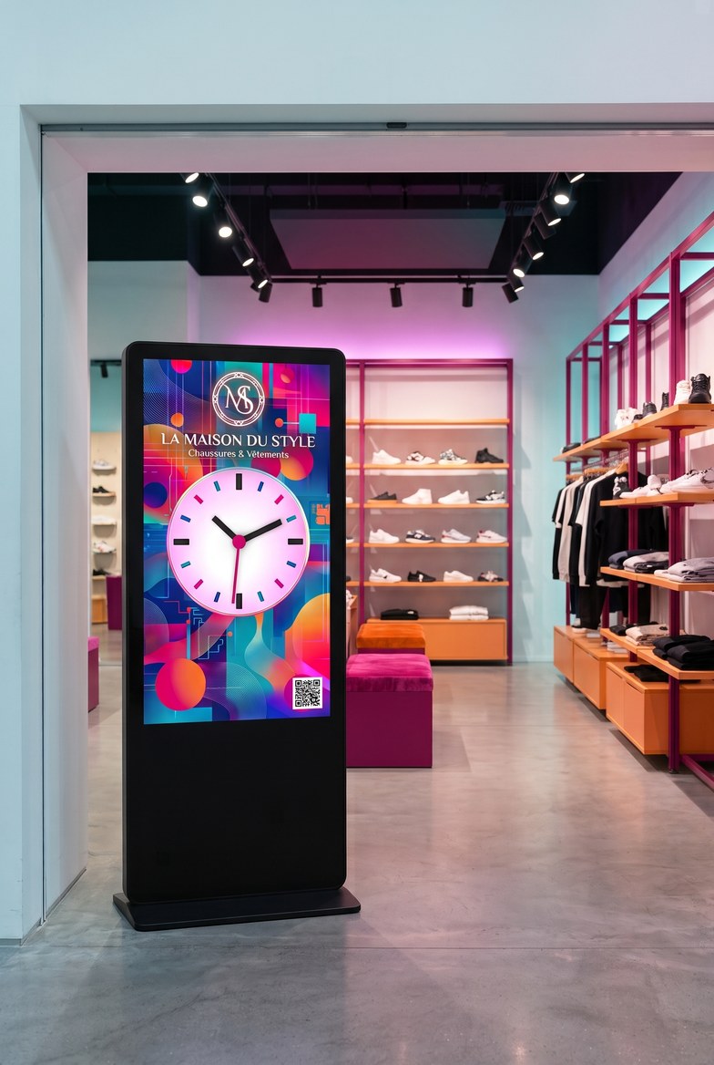 Th&egrave;me Digital Flow sur totem vertical dans une boutique