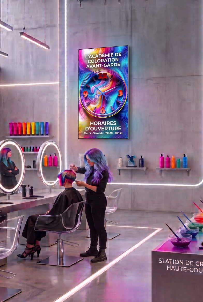 Th&egrave;me Moir&eacute; sur &eacute;cran vertical dans un salon de coiffure