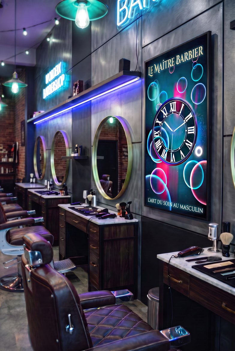 Th&egrave;me N&eacute;on sur &eacute;cran vertical dans un barbershop