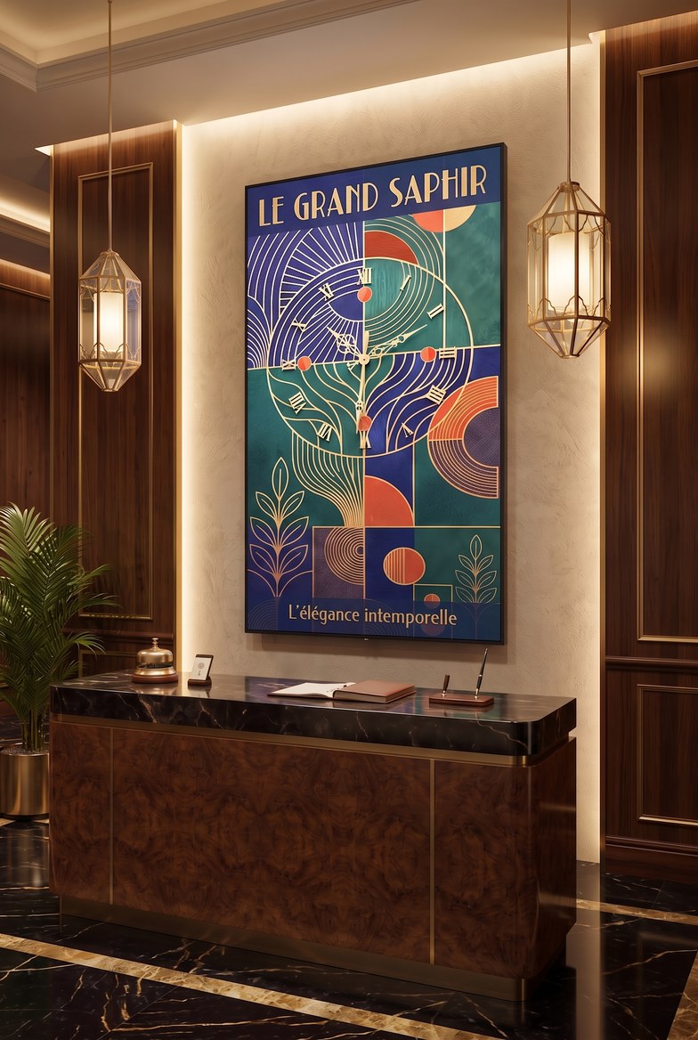 Th&egrave;me S&egrave;ve Dor&eacute;e sur &eacute;cran vertical &agrave; la r&eacute;ception d'un h&ocirc;tel